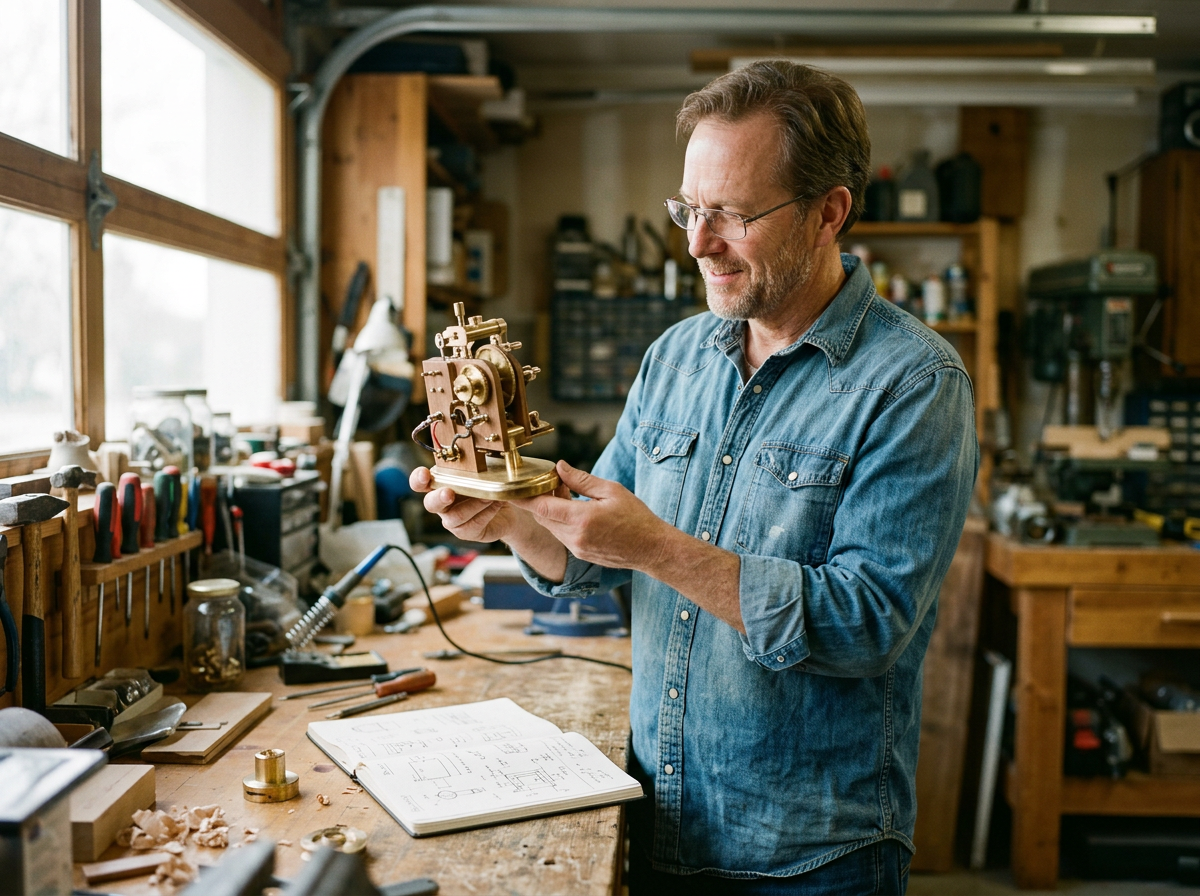 Generated image: a man in a denim shirt examining a handmade brass gadget at his workbench