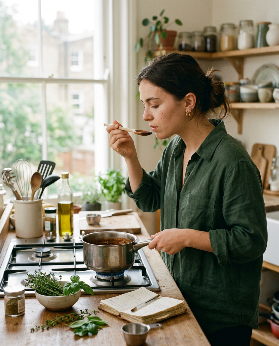 Generated image: a home cook tasting a sauce in a bright kitchen
