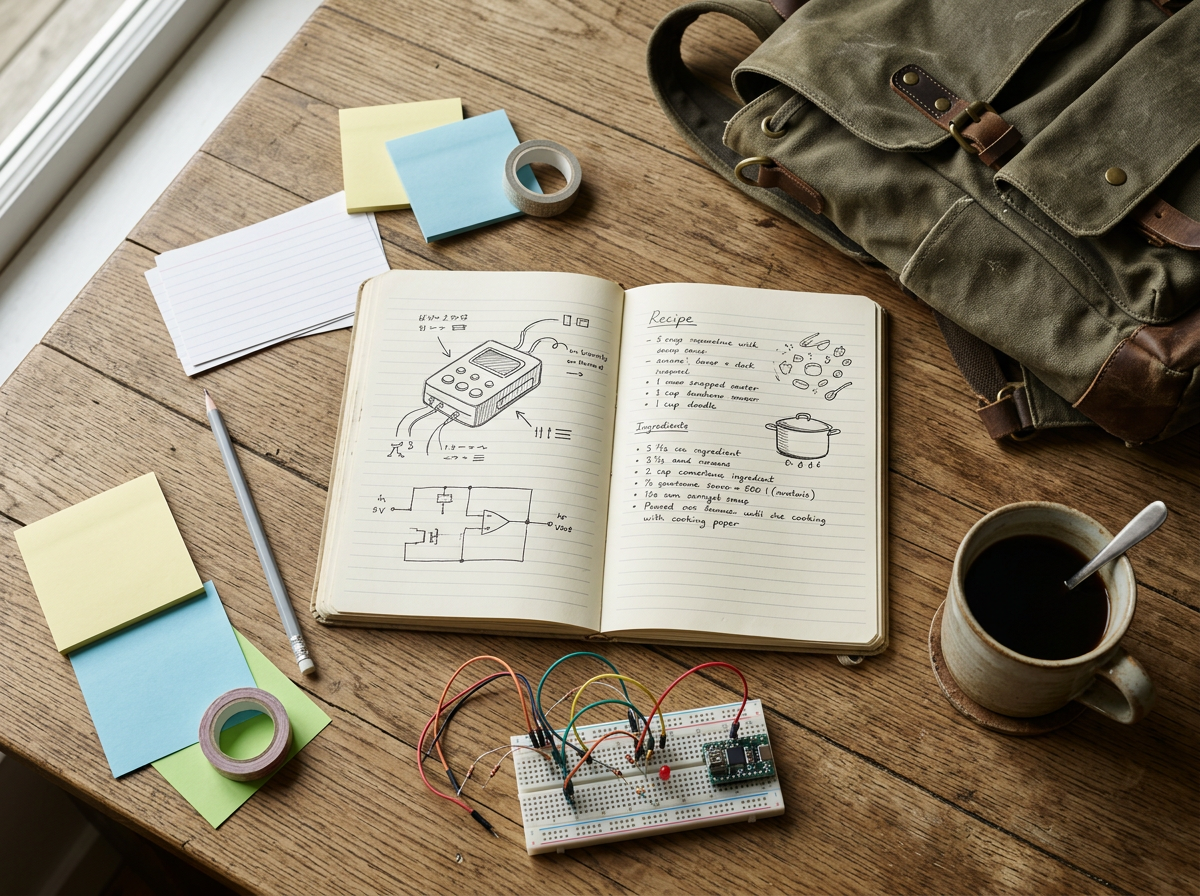 Generated image: a desk with a sketch notebook, breadboard and canvas bag